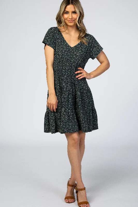 Workwear Fashion for Women Black Floral Tiered Dress