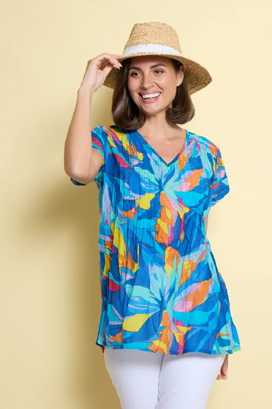 Refined Fashion Sale Kayla Cotton Short Sleeve Top - Bright Orange & Blue Leaves