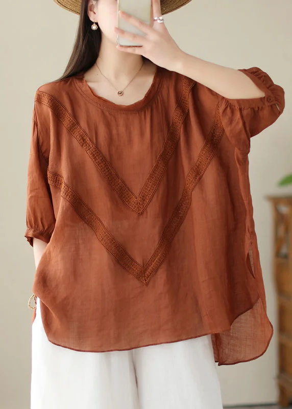 Clearance Event Organic Brick Red Oversized Lace Patchwork Linen Top Summer