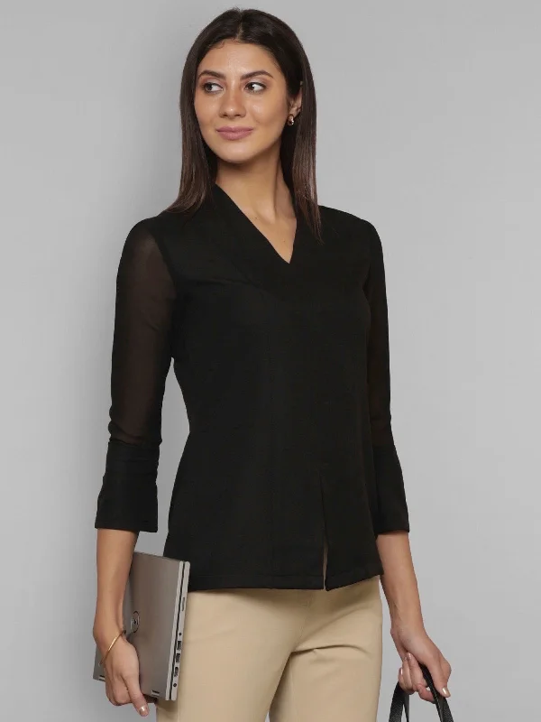 Refined Fashion Sale Front Slit Sheer Sleeve Top - Black