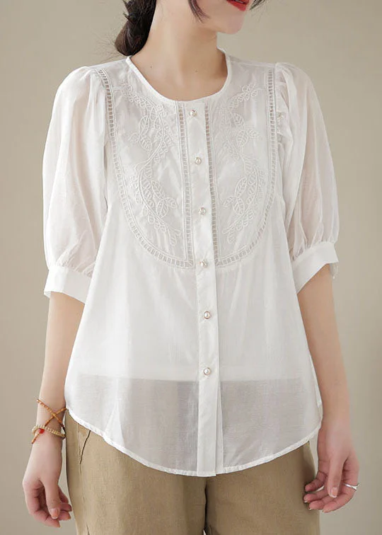 End-Of-Season Clearance White Patchwork Cotton Top Embroideried O-Neck Wrinkled Summer End-Of-Season Clearance White Patchwork Cotton Top Embroideried O-Neck Wrinkled Summer