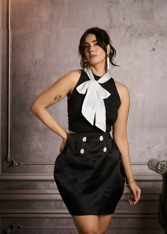 Sophisticated Fashion Kaori Black Contour Top with White Bow Detailing