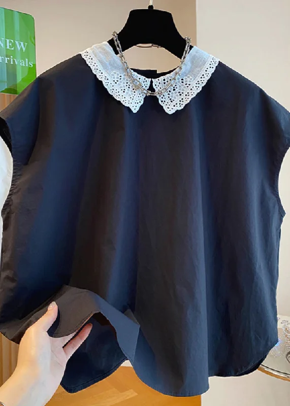 Fashion Frontiers Chic Black Peter Pan Collar Cotton Shirts Top Summer