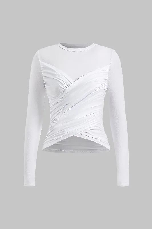 New In This Season Pleated Crossed Round Neck Long-Sleeve Top