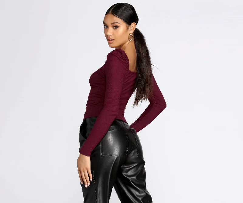 Trendy Women's Wear Collection Ribbed Knit Square Neck Top