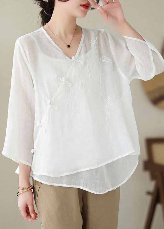Timeless Style Promotions Art White Asymmetrical Embroideried Chinese Button Linen Shirt Tops Summer Timeless Style Promotions Art White Asymmetrical Embroideried Chinese Button Linen Shirt Tops Summer
