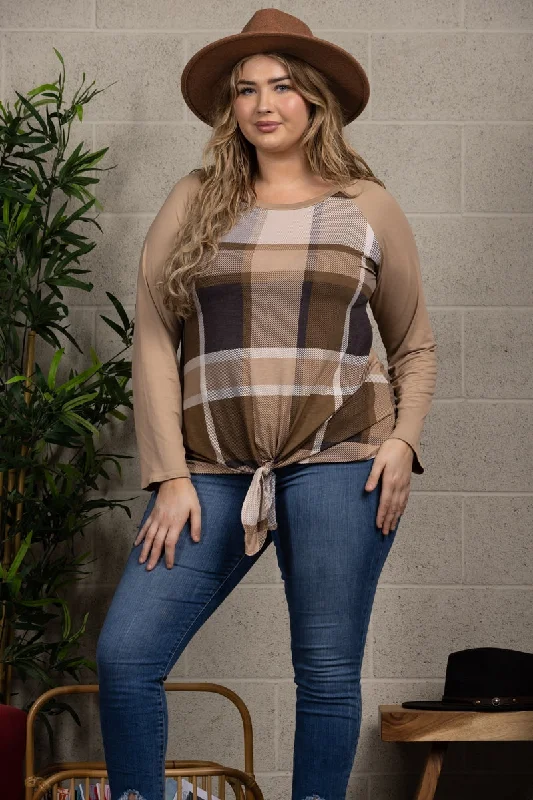Dive Into Trendy Styles MOCHA MADRAS PRINT TAUPE CONTRAST PLUS SIZE TOP-B5265XA