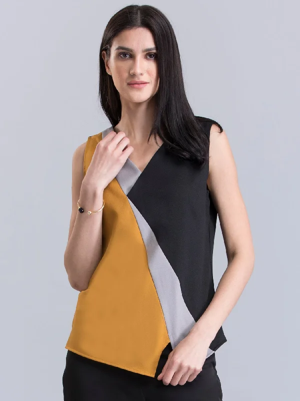 Unbeatable Prices On Best-Selling Items Asymmetric Hem Colour Block Top - Black and Mustard