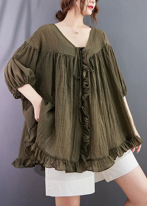 Browse Our Top Products Green Loose Cotton Shirt Tops V Neck Ruffled Lantern Sleeve