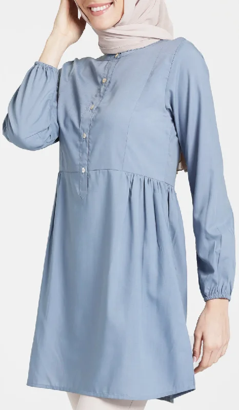 Hurry Before It's Gone Sabra Cotton Feel Modest Button down Tunic - Dusty Blue
