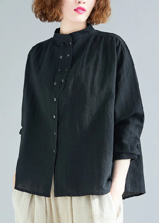 Stylish Deals Loose Black Stand Collar Patchwork Cotton Shirt Tops Fall