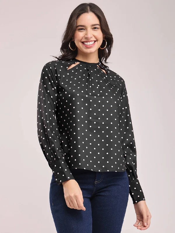 Fast Fashion Favorites Polka Print Top - Black And Off-White