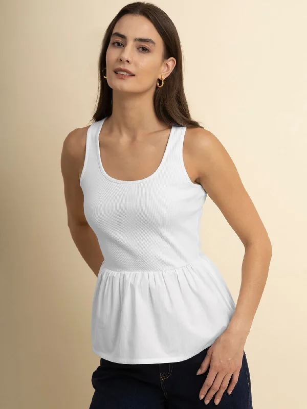 Discover Promotions Cotton Round Neck Peplum Top - White