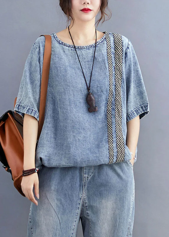 Spring Offer Casual Blue O Neck Plaid Patchwork Denim T Shirt Top Summer