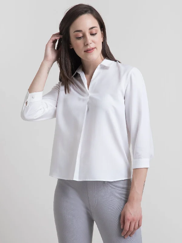 Sophisticated Fashion Rayon Collared Pleated Top - White