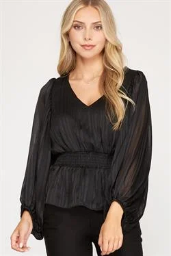 End Of Season Sale BLACK STRIPED JACQUARD SMOCKED WOVEN TOP S5SS7908