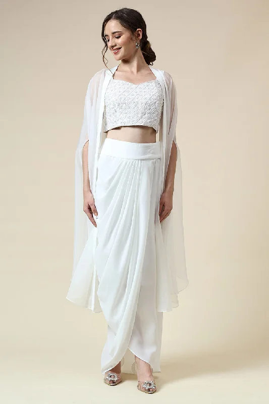 Exclusive Weekend Offers – Don't Miss Out White Pearl Embellished Top & Skirt Set With Cape