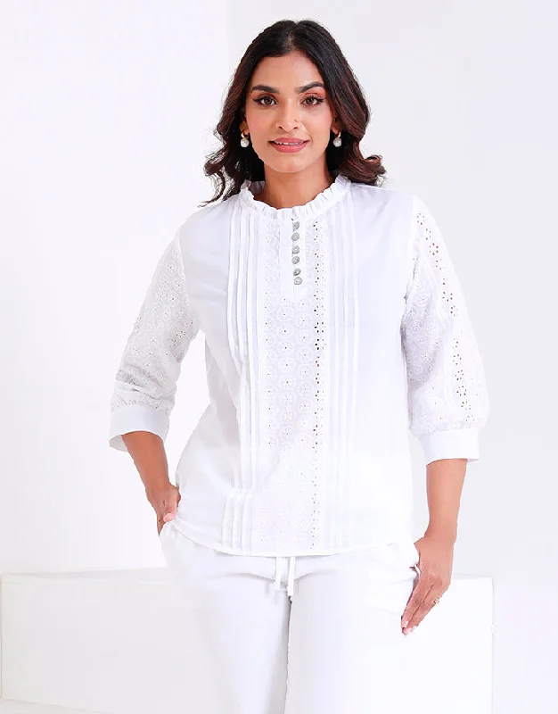 Weekend Exclusive White Top with Cut Lawn and Pintucks