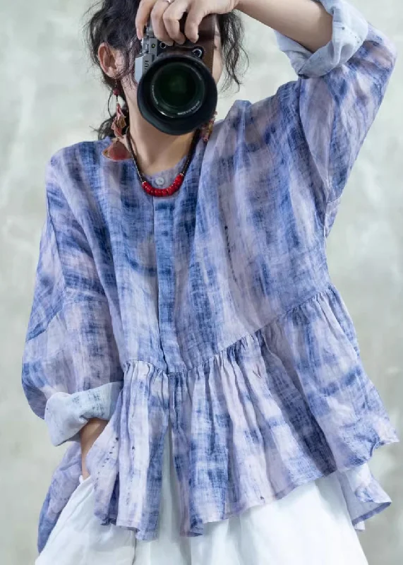 Summer Deals Plus Size Blue O Neck Tie Dye Patchwork Cotton Top Spring