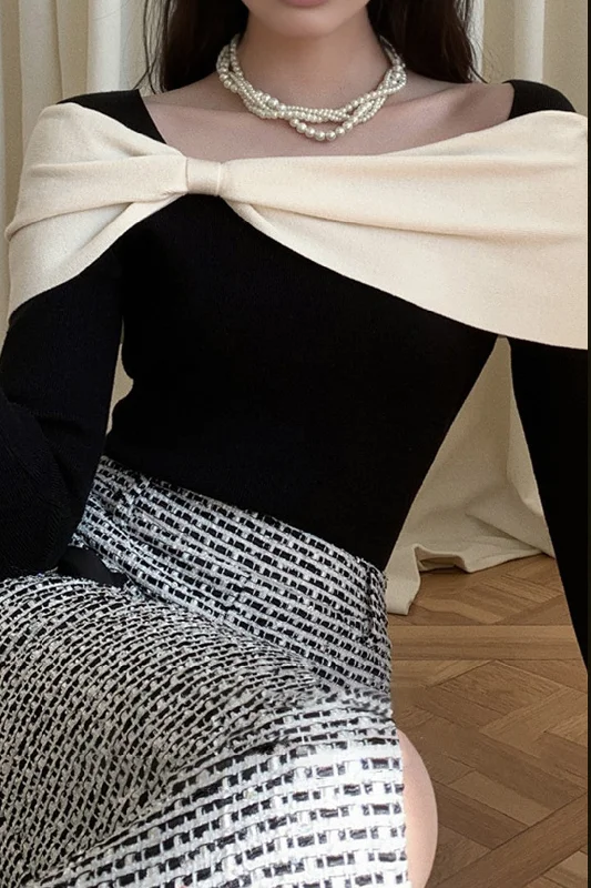 Limited Stock Bow Design Patchwork Long-Sleeve Top
