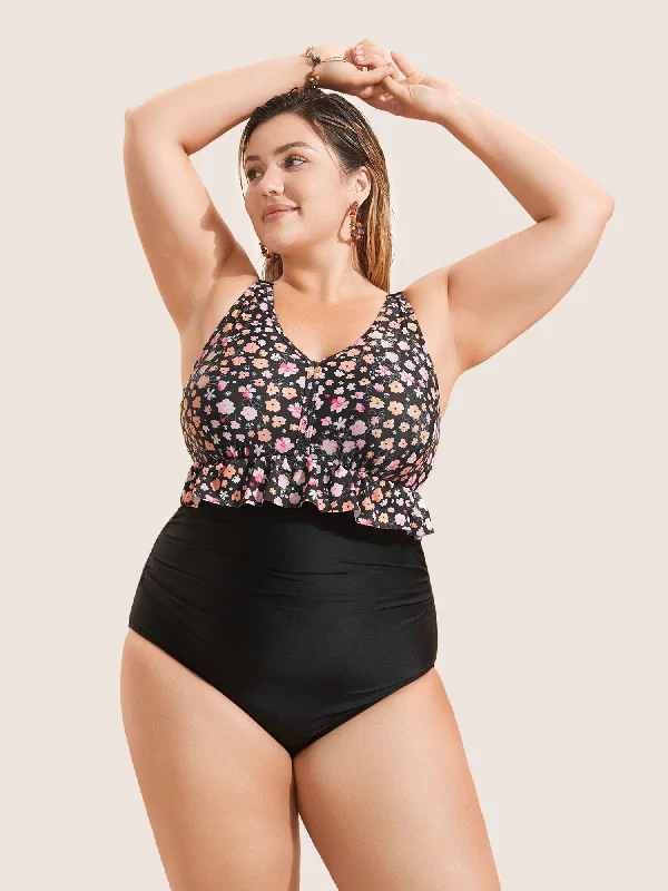 Bold and Elegant Women's Fashion Ditsy Floral Patchwork Ruffle Trim One Piece Swimsuit Bold and Elegant Women's Fashion Ditsy Floral Patchwork Ruffle Trim One Piece Swimsuit