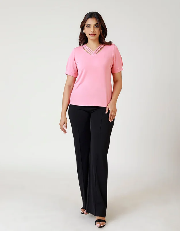 Clearance Event Short Sleeves Top with Weaved Neckline Detail