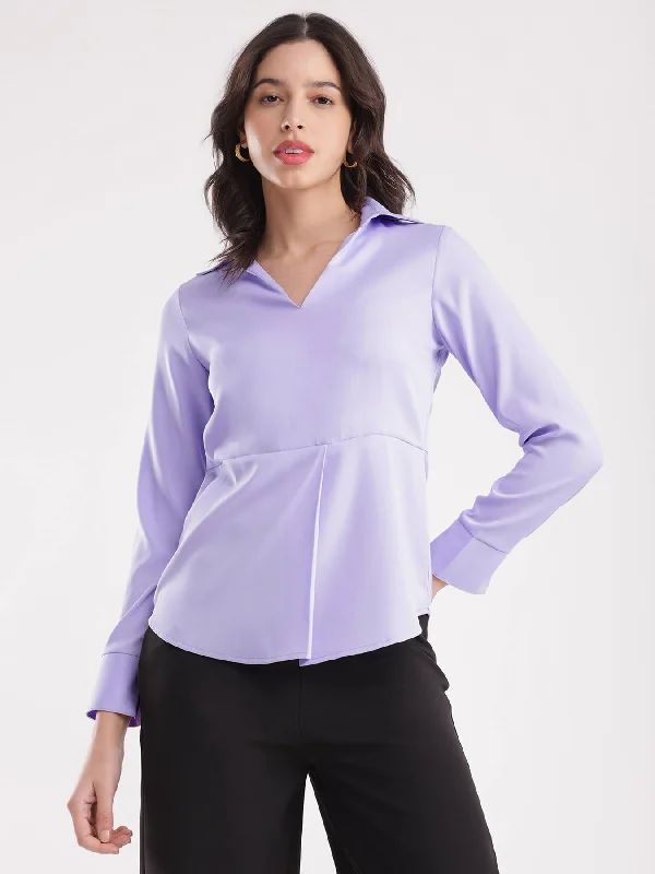 Casual Chic Deals Collared V Neck Top - Lilac