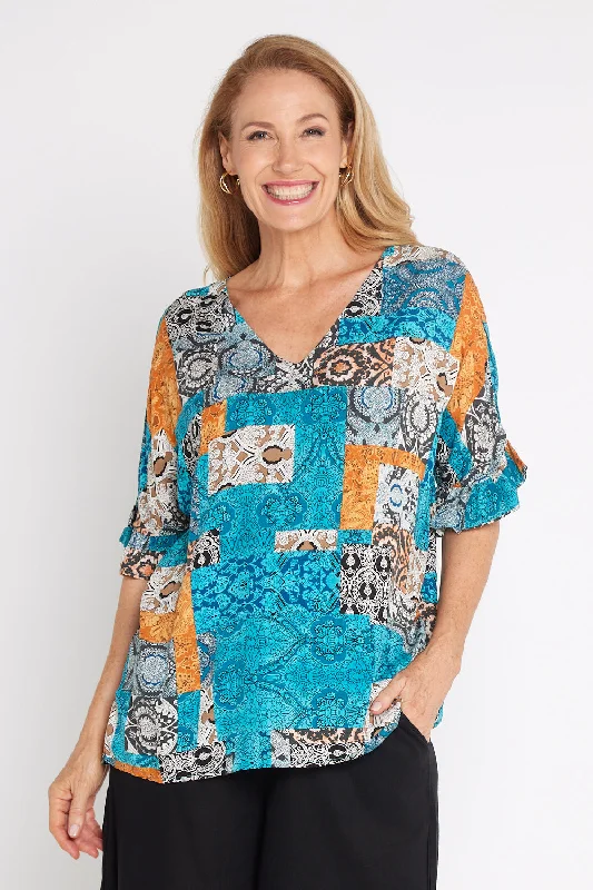 Chic Trend Collection Farren Top - Aqua/Amber Collage