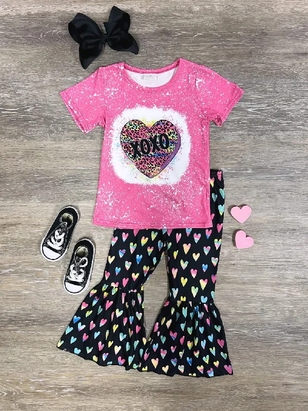 Vintage Style Deals XOXO Hot Pink Acid Wash Top & Black Heart Bell Bottoms Outfit