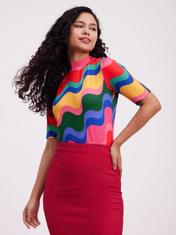 Additional Time-Limited Offers Wave Print High Neck Top - Multicolour