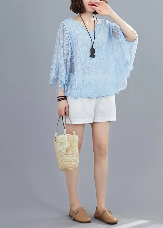 Top Brand Discounts Blue Hollow Out Cotton Shirt Top Embroideried Batwing Sleeve