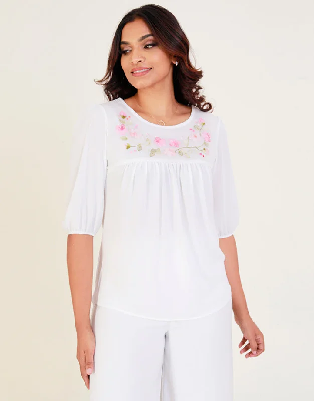 Statement Fashion Offers White Round Neck Top with Shadow Work
