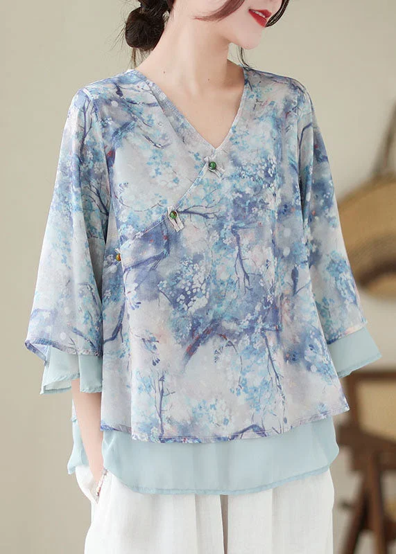 Hot Brand Discounts Boutique Blue Print Chinese Button Patchwork Chiffon Top Summer