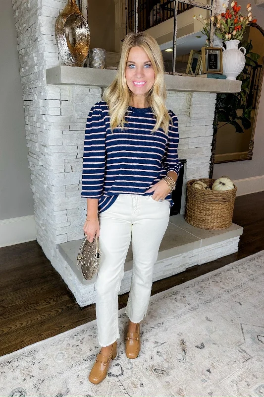 Insane Discount Onslaught Navy/Peach/Cream Striped Textured Three-Quarter Sleeve Top
