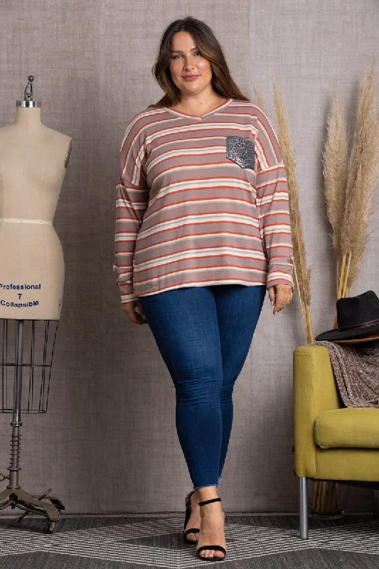 The Latest Fashion Trends CAMEO ROSE MULTI COLOR STRIPES W/SILVER SEQUINS PATCH POCKET PLUS SIZE TOP TP1947- The Latest Fashion Trends CAMEO ROSE MULTI COLOR STRIPES W/SILVER SEQUINS PATCH POCKET PLUS SIZE TOP TP1947-