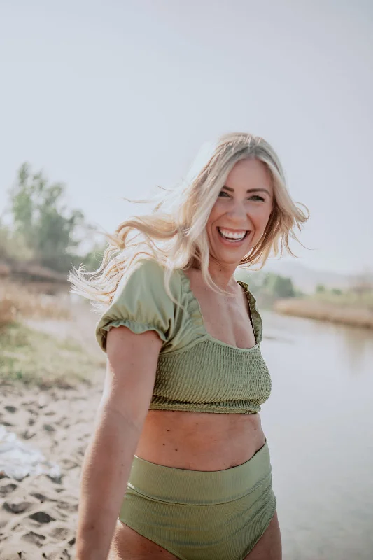 Flash Sale – Shop Before It Ends Sleeved Swim Top-Green Ribbed