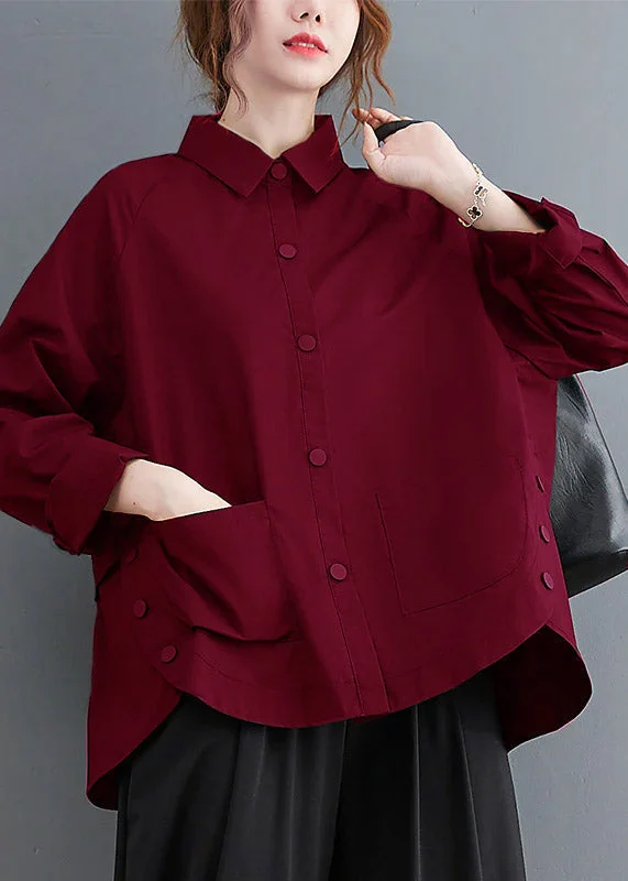 Minimalist Fashion Sale Wine red Patchwork Cotton Shirt Top Oversized Pockets Fall