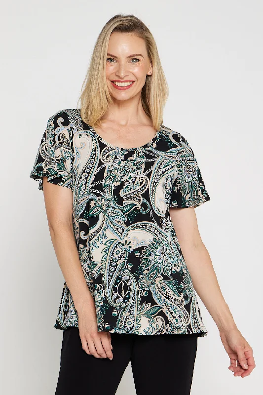 Contemporary Casual Deals Melinda Top - Black Mint Paisley