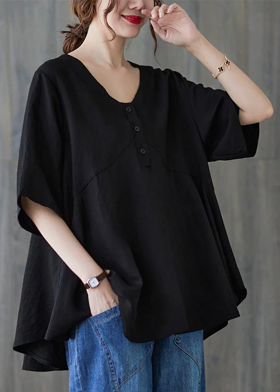 Smart Casual Deals Handmade Black Oversized Patchwork Cotton Tops Summer