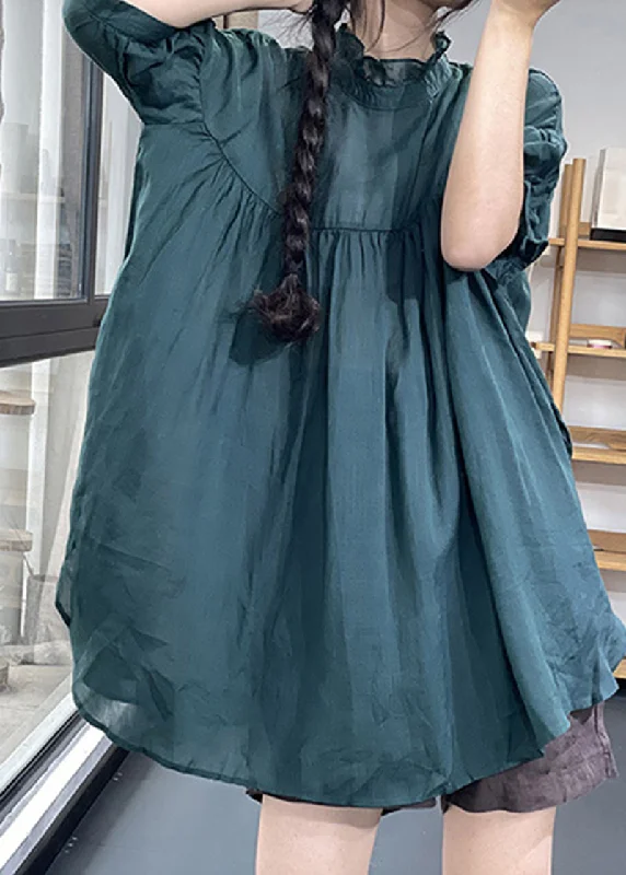 Trendy Women's Wear Collection Plus Size Blackish Green Ruffled Patchwork Wrinkled Linen Top Summer Trendy Women's Wear Collection Plus Size Blackish Green Ruffled Patchwork Wrinkled Linen Top Summer