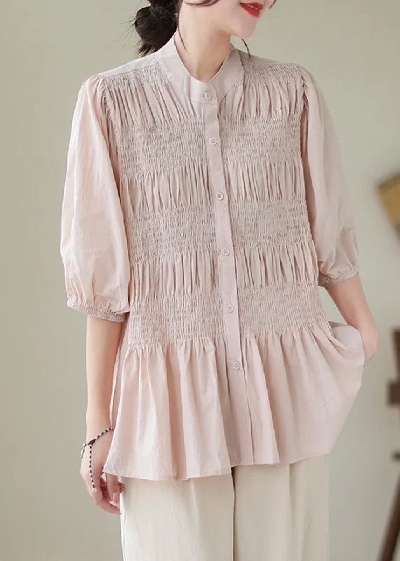 Affordable Trendy Fashion French Pink Stand Collar Wrinkled Cotton Shirt Top Half Sleeve Affordable Trendy Fashion French Pink Stand Collar Wrinkled Cotton Shirt Top Half Sleeve