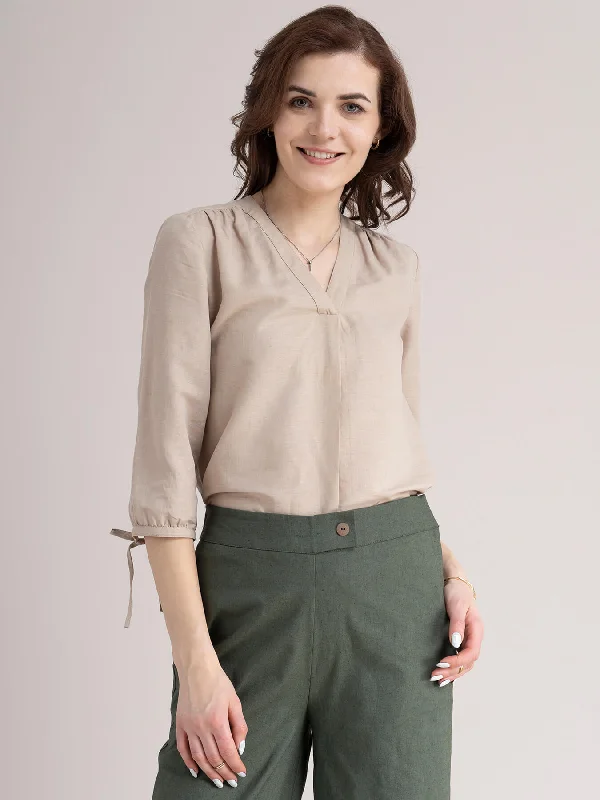 Crazy Price Slashing Linen Tie Up Sleeve Top - Beige