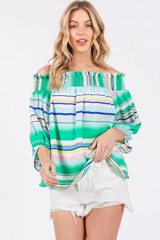 Valentine's Special GREEN STRIPED OFF SHOULDER SMOCKING TOP TU13624PB