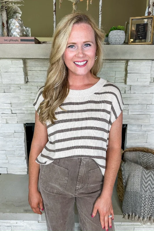 Budget Friendly Striped Knit Cap Sleeve Sweater Top in Oatmeal
