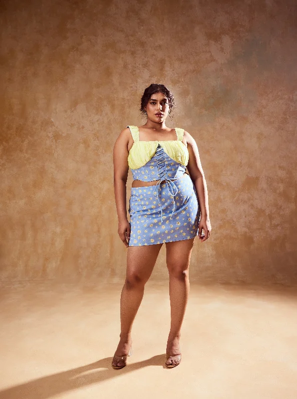 Feminine Luxe Style Sale Noelia Pastel Blue and Yellow Skirt and Top Set