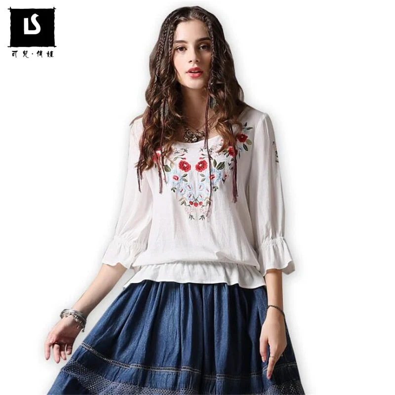 Valentine's Special 2020 New women elegant embroidery shirt flare sleeve O neck Blouses ladies summer autumn brand casual Retro tops Tees blusas