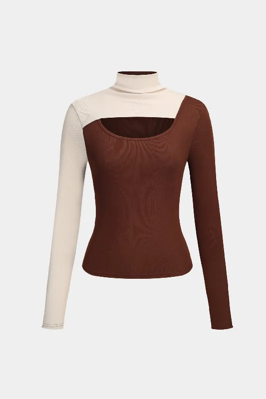Summer Fashion Cut Out Patchwork Mock Neck Long-Sleeve Top