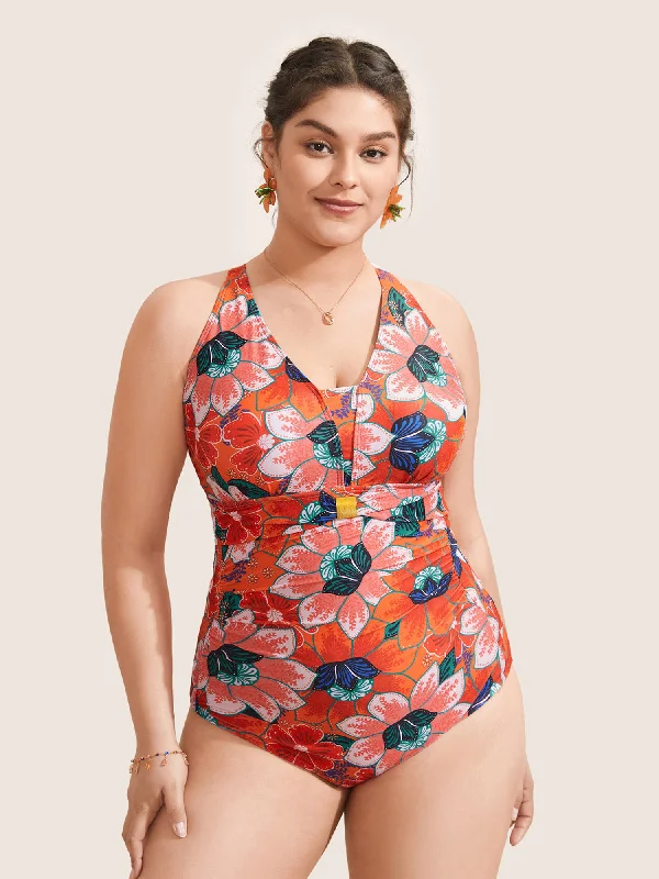 Women's Clothing for Every Season and Trend Floral Ruched Crisscross Buckle Detail One Piece Swimsuit Women's Clothing for Every Season and Trend Floral Ruched Crisscross Buckle Detail One Piece Swimsuit