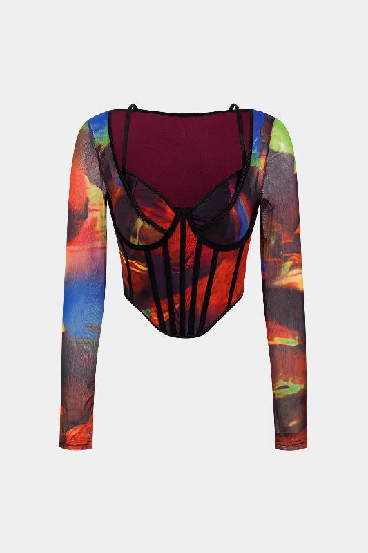 Discover Promotions Abstract Print Mesh Patchwork Corset Long-Sleeve Top