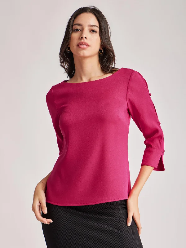 Catch Every Fashion Trend Boat Neck Button Detail Top - Fuchsia